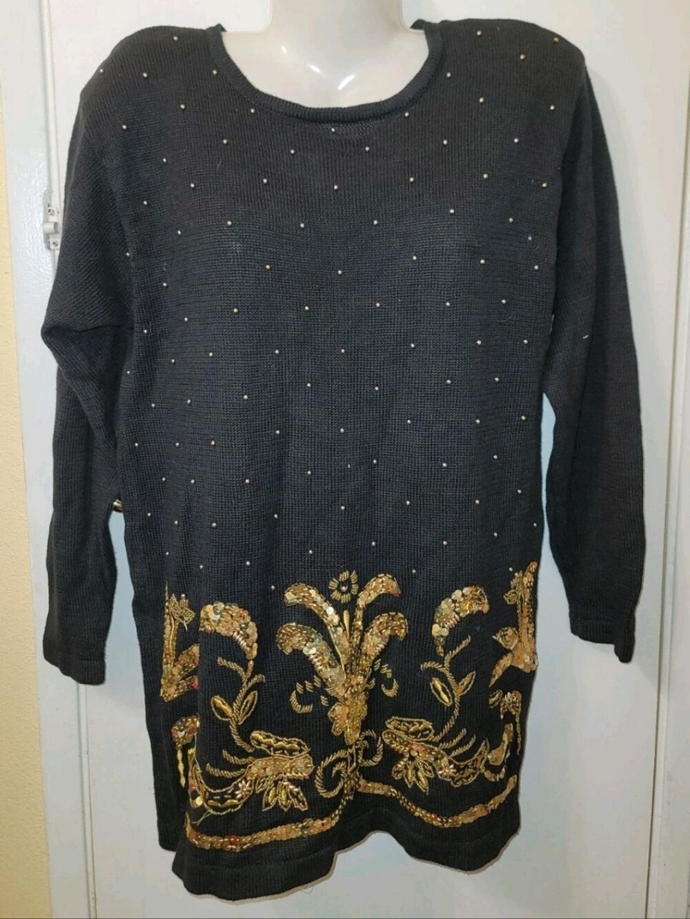Victoria Harbour Black Sweater Tunic with Gold Embellished Sequin Ramie Cotton